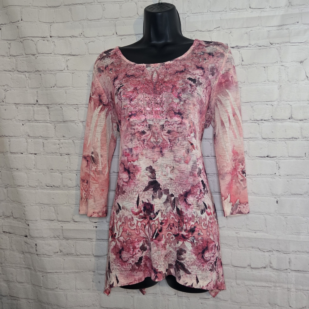 ONE WORLD‎ Pink Floral asymmetrical hem tunic Y2k Fairycore Blouse Medium